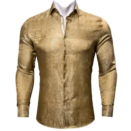 Men's Dress Shirts Barry.Wang 4XL Luxury Gold Paisley Silk Men Long Sleeve Casual Flower For Designer Fit Shirt BY-0084Men's