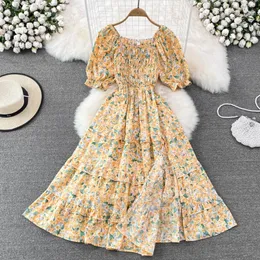 Casual Dresses French Vintage Slim Floral Print Square Collar Long Dress Summer Women Vestido de Fiesta Elegant Split Tunic A-Line Vestidosc