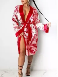 H Frauen am Nachtwäsche Womens Satin Robe Trendy Dollar Print Long Sleeve Silky Kimono Bademantel mit Beltwomen s