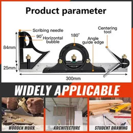 Righello regolabile 3 in 1 Goniometro ad angolo quadrato multi-combinazione Goniometro da 30 cm Set di righelli ad angolo 180° Strumenti di misurazione per la lavorazione del legno