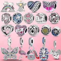 925 Sterling Silber baumelnder Charm-Herz, Schmetterling, CZ, unendliche Hundepfote, Flamingo-Perlen, passend für Pandora-Charm-Armbänder, DIY-Schmuckzubehör