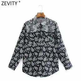 Zevity Women Vintage Black White Patchwork Cashew Nuts Print Kimono Shirt Female Casual Blouse Roupas Chic Femininas Tops LS7588 210603
