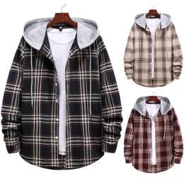 Plaid Shirt Jacket Men Hoodies Autumn &Spring Hooded Cardigan Coat Casual Street Black Red Plus Size