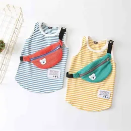 Fashion Dog Clothes shirt Cotton Stretch Vests for Spring and Summer Striped Design with Bag Decor Pet Vest 210401