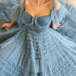 Elegant Blue A Line Prom Dresses Long Sweetheart Spaghetti Straps Tulle Ruffles Tiered Formal Dress Evening Party Dress Custom Mad312v