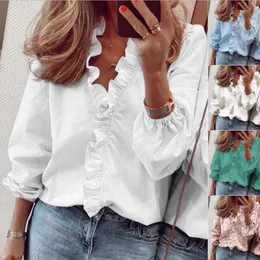 Women's Blouses & Shirts Spring Summer Long-sleeved Ruffled Vneck Women's Ruffle Stitching Letter Print Blouse Tops Femme Blusas Y2k Top