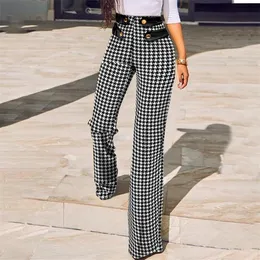 Autumn Casual Women Trousers Fashion Leggins Houndstooth Print Buttoned High Waist Wide Leg Tailored Pants 220325