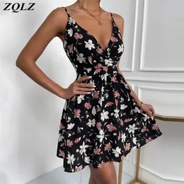 ZQLZ Summer Print Beack Dress Women Sleeveless Spaghetti Strap Sexy Backless Vestidos 캐주얼 블랙 미디 드레스 여성 220510