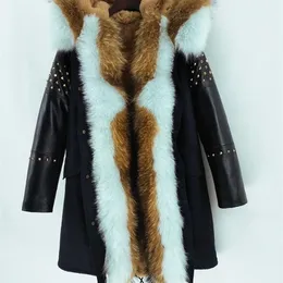 OFTBUY Long Parka Real Fur Coat Winter Jacket Women Natural Sheepskin Leather Rivet Sleeves Outerwear Streetwear Casual 201201