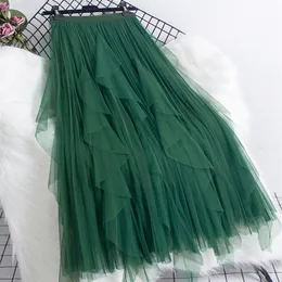 Tigena Fashion Ruffles Tutu Tulle Skirt女性韓国カジュアルソリッドラインハイウエストプリーツミディロングスカート女性グリーンピンク220611