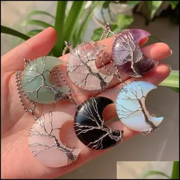 Pendant Necklaces Moon Crescent Wire Wrap Tree Natural Healing Stone Crystal Quartz Pendum Opal Amethyst Pink Cr Carshop2006 Dh4Id