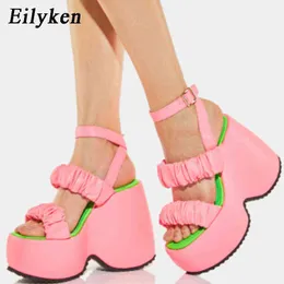 Nxy Sandals New Design Chunky High Heels Wedge Women Summer Pleated Fashion Party Dress Shoes Sandalias De Mujer