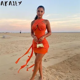 AKAILY Autumn Sexiga vita klänningar för kvinnor Bandage Ruched Orange Mini Ladie Sleeveless BodyCon Club Rave Outfit 220629