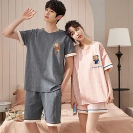 Пара для сна с короткими рукавами мужчины и женщины, соответствующие домашнему набору хлопковые PJS Cartoon Prints Leisure Nightwear Пижамы для лета 220628