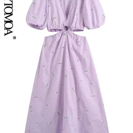 KPYTOMOA Kobiety moda kwiat haftowa poplin pusta sukienka midi vintage puff rękawa bez pleców sukienki żeńskie vestidos 220629