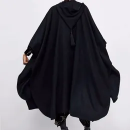 Winter Cloak Hooded Trench Coat Thick Woolen Women Gothic Cape Poncho Coat Open Cardigans Female Tassel Long Trench Overcoat 201030