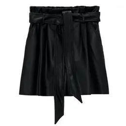AGong Casual Black PU Leather Shorts Women Fashion Loose Elastic Waist Short Elegant Tie Belt Female Ladies IA Women's