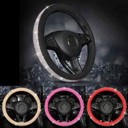 Luxury Diamond Crystal Rhinestone Car Leather Steering Wheel Covers Cap Car Interior Accessories For Women Girls J220808