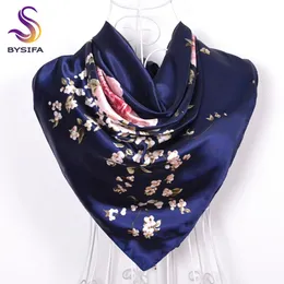 Bysifa Navy Blue Chinese Roses 큰 사각형 스카프 여성 우아한 실크 스카프 패션 여성 액세서리 90 90cm