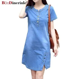 Booninerinle корейское платье плюс плюс для джинсовой ткани для женщин летнее платье повседневное с пуговицами сексуальное мини -джинсовое платье 3xl Y200326