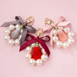 Słodkie Luksusowe Kluczowe Łańcuchy Dla Kobiet Keyring Car Breloki Decor Pearls Tassel Wiselu Charm Kobieta Biżuteria Prezent