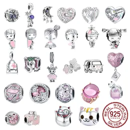 925 Sterling Silver Dangle Charm Rose Girl Boy Pink Sparkle Spacer Clip Charm Bead Fit Pandora Charms Bracelet DIY Jewelry Accessories
