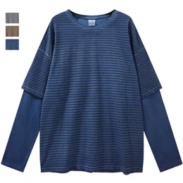 Fake Two-Piece T Shirt Striped Oversized Grey Blue Långärmad Top Koreansk stil Mode Loose Men's and Women's Clothing 220325