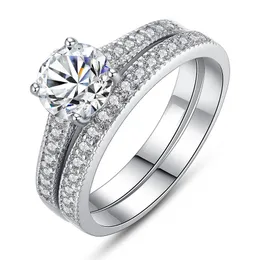 Fashion Classic Micro Pave CZ Zirconi Diamond Women 2Pcs Ring Sets 925 Silver Bridal Wedding Rings Promise Lover Anello di fidanzamento Sz6-10 Regalo di fascino