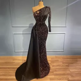 Elegant One Shoulde Black Mermaid Evening Dress Sequins Beaded Long Sleeve Party Dresses Custom Made Floor Length Prom Gowns