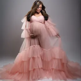 Pink Light Pregnant Women's Prom Dresses 2022 Maternity Robes For Photo Shoot See Thru Pleat Long Photography Dress Graphy
