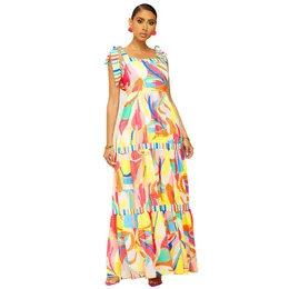 Kvinnors badkläder spaghetti rand täcker klädkvinnor Empire Ropa Mujer Retlar Summer Fashion Colors Print Ruffle Beach Ups Maxi Dresseswomen