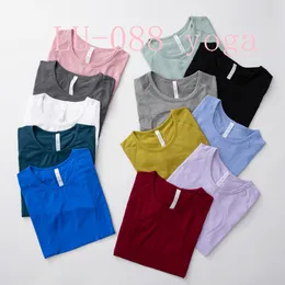 Lu-088 Camisetas femininas para ioga, alta elasticidade, respirável, secagem rápida, sem costura, manga curta, esporte, ciclismo, academia