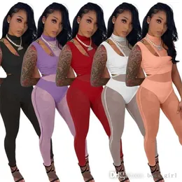 2022 Dresy dla kobiet Sheer Yoga Spodnie Zestaw Designerskie Kombinezony Sexy Mesh Odzież Pit Bar Crop Top Legginsy 3 Sztuka Sport Suit