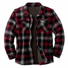Men's Dress Shirts Fashion Plaid Shirt Jacket Long Sleeved Quilt Lined Brushed Flannel Rugged Lapel Collar Sleeve Loose Outerwear