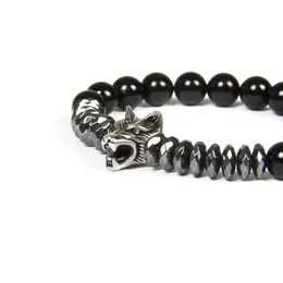 Neue Männer Silber Armband Armreifen Großhandel Edelstahl Wolf Armbänder mit 8mm Stein Perlen Perlen Schmuck