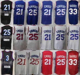 Maglia da basket da uomo Joel Embiid 21 Ben Simmons 25 Tobias Harris 33 Allen Iverson 3 City Guadagnato Blu Rosso Bianco