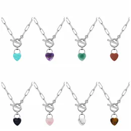 Gemstone Love Heart Pendant Necklace IQ Clasp Chunky Punk Silver Y Chain Choker Cuban Link Statement Jewelry for Women and Girls