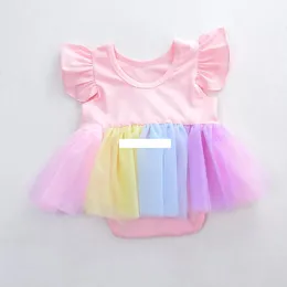 Babyflickor Tryckt Romper Cartoon Rainbow Hästklänning Barn Lace Tutu Fly Sylse Jumpsuits Kids kläder