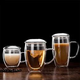 Podwójne szklane szklane filiżanki kawy/herbaty odporne na ciepło mleko podwójnie kawy z kubkami do uchwytu kubki do picia szklanki z pokrywką 210409