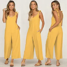 Women's Jumpsuits & Rompers Summer Women Sleeveless Loose Jumpsuit O Neck Casual Backless Overalls Trousers Wide Leg Pants 4 Color S-2XL