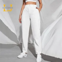 Leijijeans İlkbahar Yaz Eğrisi 120kgs Kadın Elastik Bel Yüksek Bel Harem Lady Pantolon Beyaz ve Siyah 6xl 8xl Mom Jeans 220701