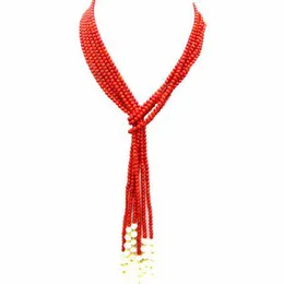 3mm Natural Pink/red/orange Coral Necklace Women White Pearl 3 Strands Long Necklace 45''
