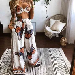 2 Pecs Suit Summer Tracksuit Set Womens Outfits Boho Beach Style Print Underwear Loose Wide Leg Pants Ropa 210331