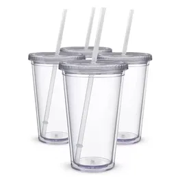 16oz de copos de plástico com parede dupla acrílica clara de suco de suco de suco com tampa e caneca de caneca de caneca de palha DIY canecas transparentes fy5391 0730