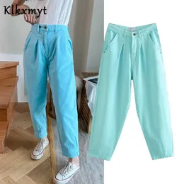 Klkxmyt verão Inglaterra Vintage Cotton Polyster Mom Woman Woman Jean High Caist Loose Pleated namorado para mulheres 210527