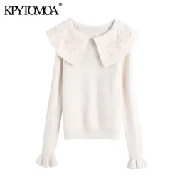 KPYTOMOA Donna dolce moda con collo ricamato maglione lavorato a maglia vintage manica lunga increspato pullover femminili chic top 201221