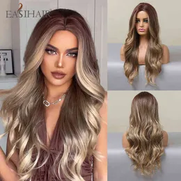 EASIHAIR Lange braune Kunsthaar-Perücken, blond, Highlight, natürlich, gewellt, Mittelteil, für Frauen, Cosplay, hitzebeständig, 220525