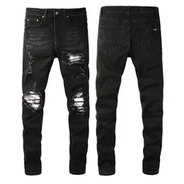 2024 for Black Jeans Man Denim Mens Skinny Biker Slim Knee Ripped Distressed with Hole Fit Street Solid Color Trendy Long Straight Zipper Stretch