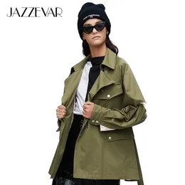JAZZEVAR arrival autumn trench coat women green color fashion cotton double breasted short outerwear high quality90171 201030