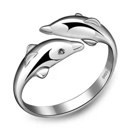 Double Dolphin Love Open Ring Female Dolphin Love Silver Rings